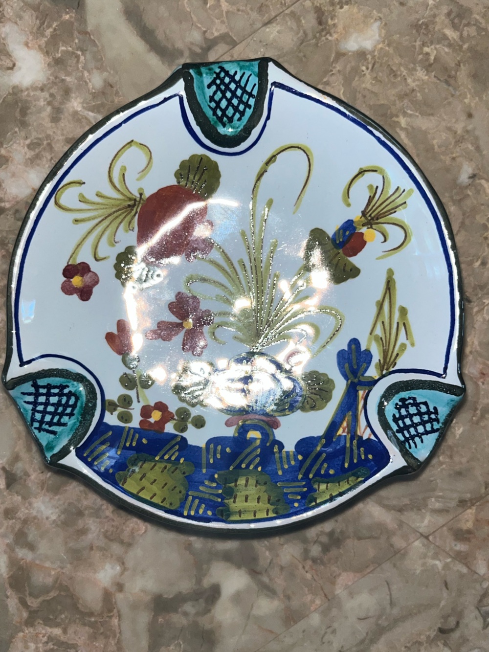 Hand-Painted Floral Ceramic Plate in White and Blue